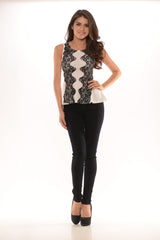 Crepe Techno & Lace Contrast Peplum Top - White/Black