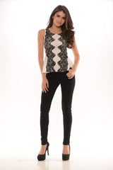 Crepe Techno & Lace Contrast Peplum Top - White/Black