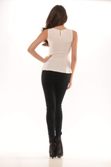 Crepe Techno & Lace Contrast Peplum Top - White/Black