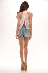 Lace A-Line Open Back Top - White