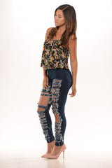 Double X Back Floral Top- Black