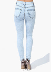 High Rise Acid Wash Thigh Slit Skinny Premium Denim - Light Blue