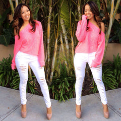 Distressed High Rise Skinny Jeans - White